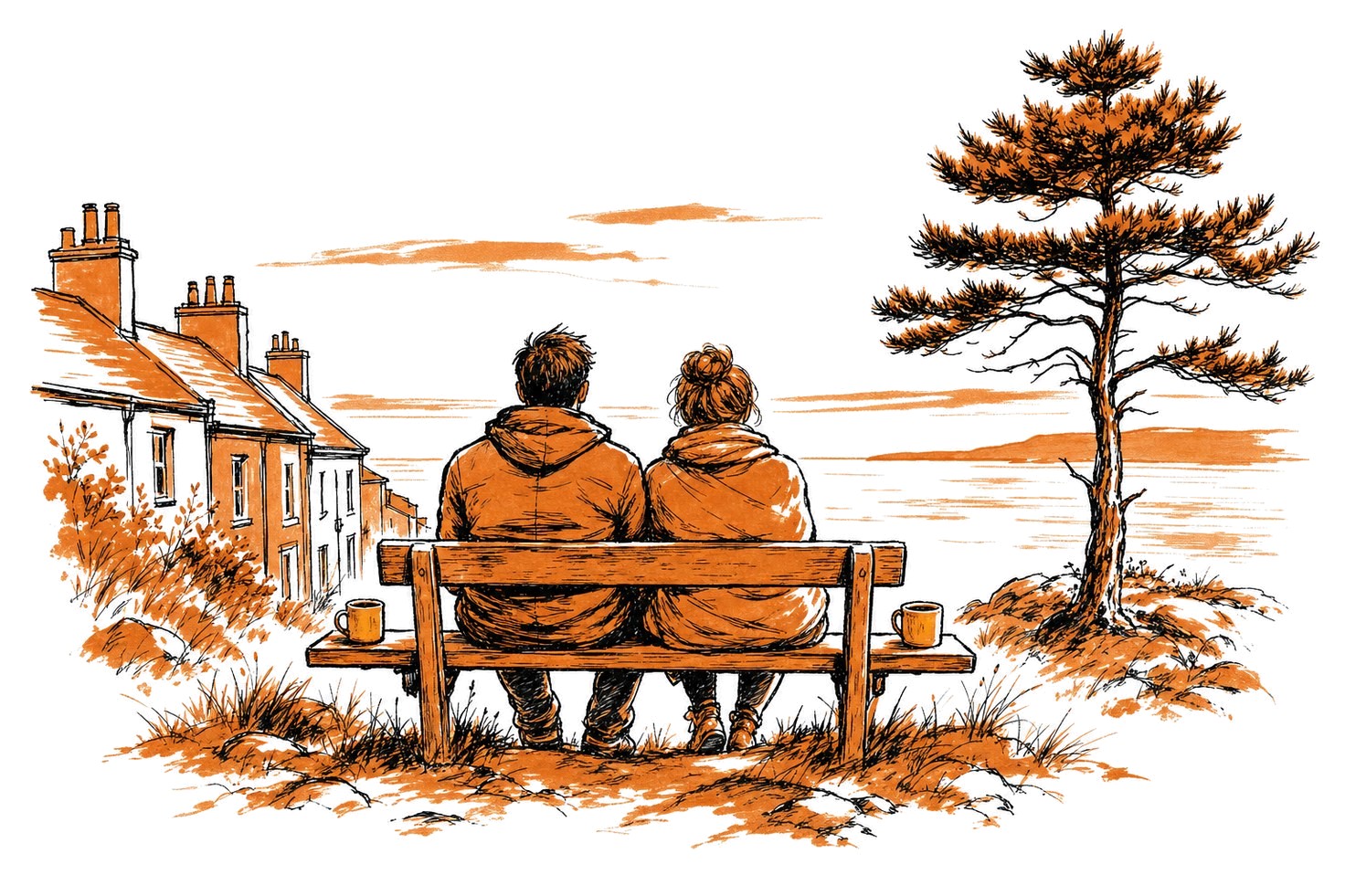 Ink illustration of the same two people now sitting side by side on one bench on the same shore, the terraced house and the pine tree both behind them.