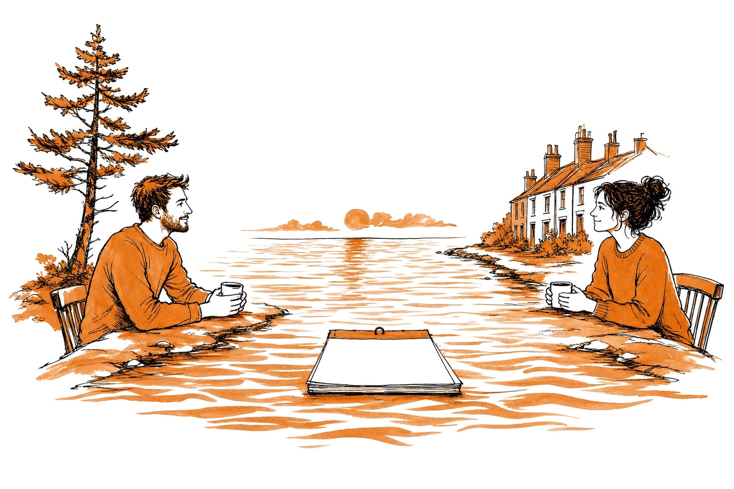 Ink illustration of two people sitting at opposite ends of a table drawn as a stretch of open water, one shore with a terraced house and the other with a pine tree, a calendar resting between them.